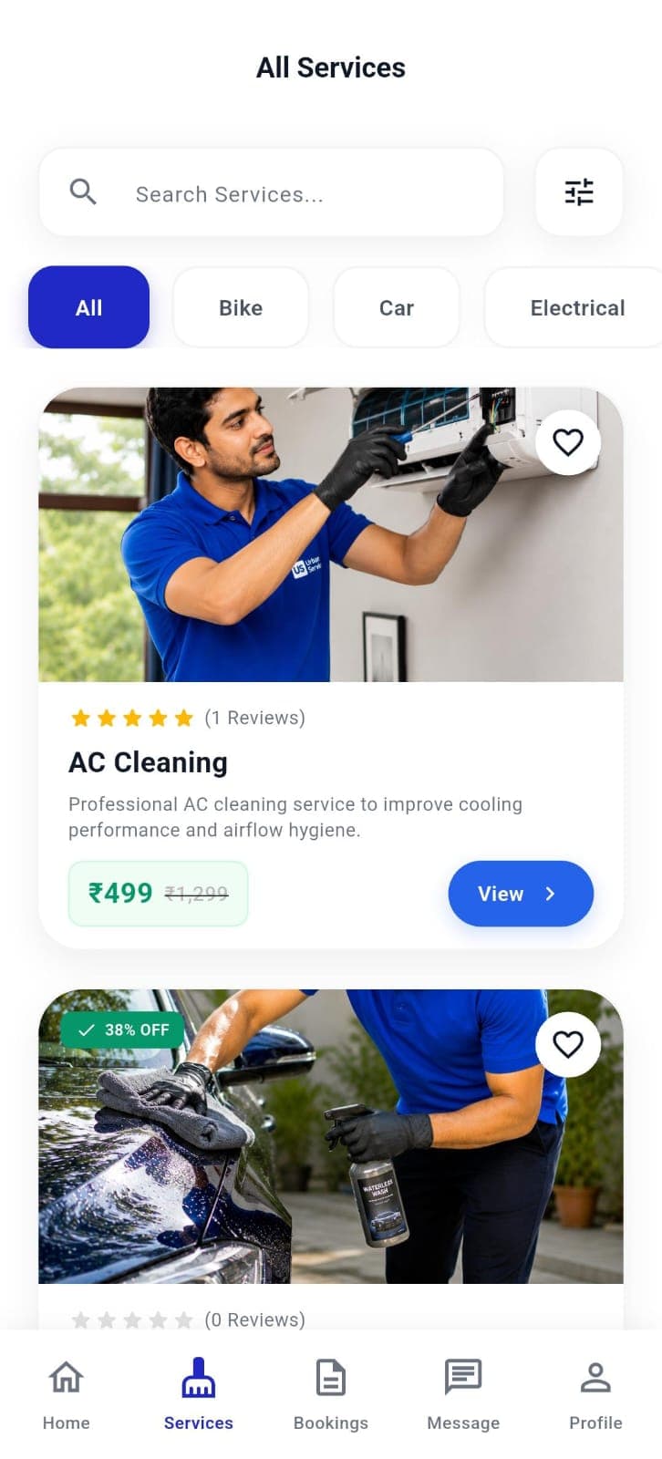 Pick services screen